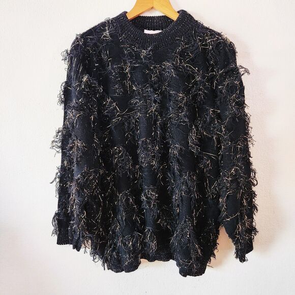 *READ VTG Just For Women Fuzzy Tinsel Gold Black Knit Sweater Metallic 80s 90s - Picture 1 of 9